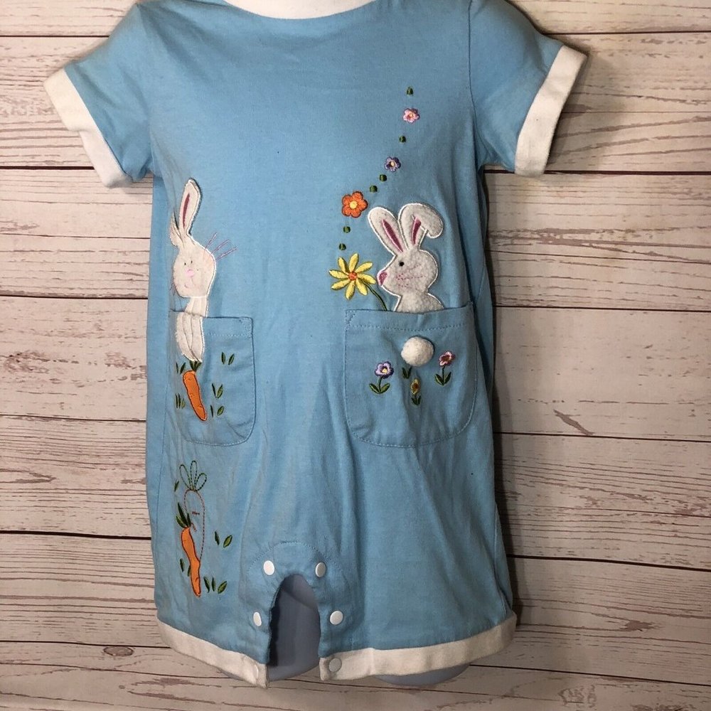 Cres8ions blue & white W/ Easter Bunny Rabbits Spring baby romper size 12 months